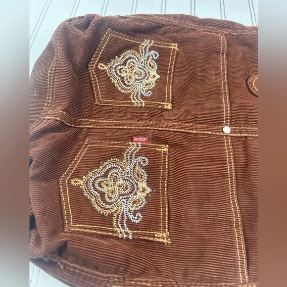 Leviโs Vintage Y2K Brown Corduroy Tote Bag Embroidered Front Pockets Unisex - Picture 9 of 10